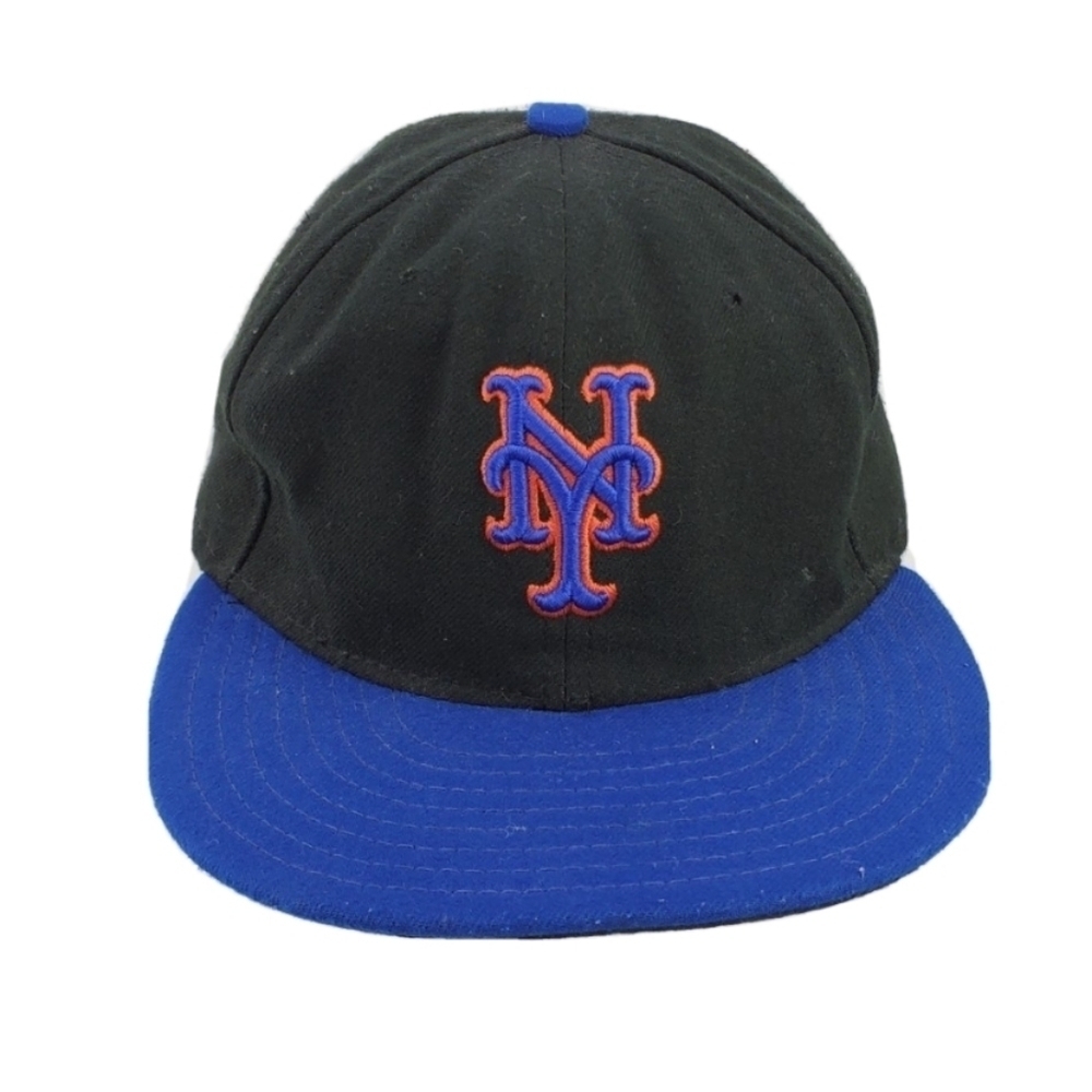 Vtg New Era NY Mets Hat On Field Ball Cap Blk Blue 59Fifty Fitted 7 1/4 USA Made